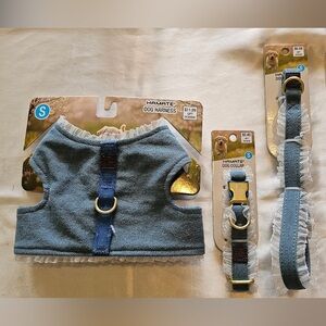 Hamate Denim Harness, Collar & Leash Set w/white ruffles (S)